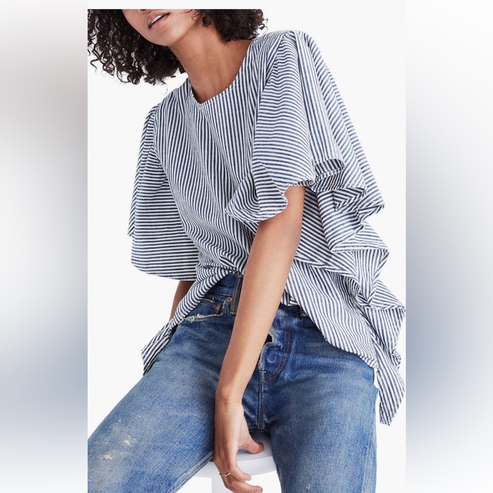 Madewell Navy and White Striped Flutter Sleeve Blouse